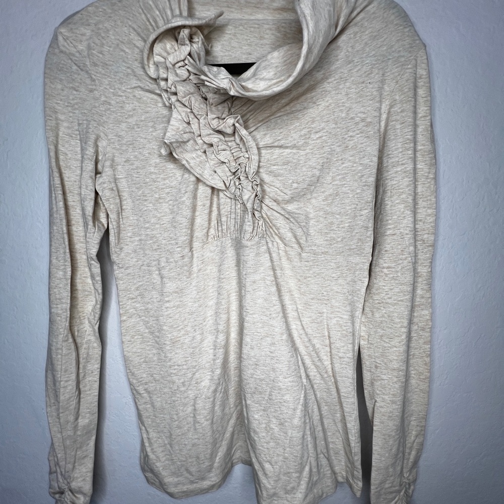 Cabi Beige Ruffled Cowl Neck Top Size Small Long Sleeve Stretch Cotton Blend
